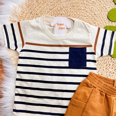 Conj. Camiseta Listrada com Bolso e Bermuda - Marinho e Ferrugem